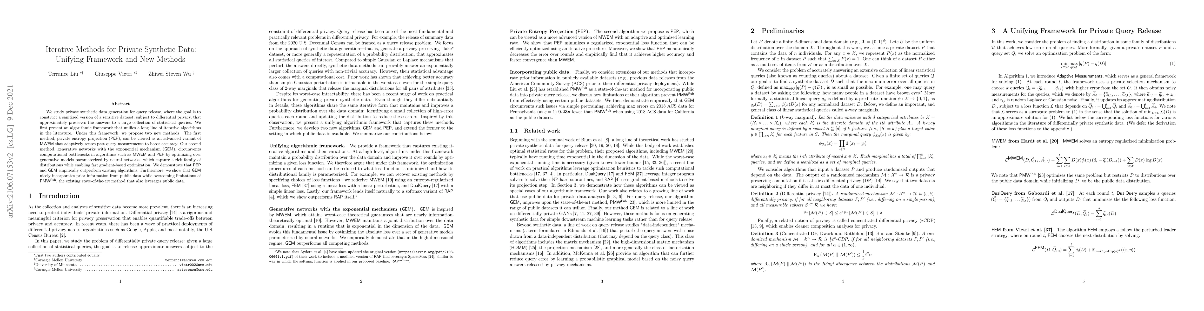 Thumbnail for Iterative Methods for Private Synthetic Data: Unifying Framework and New
  Methods