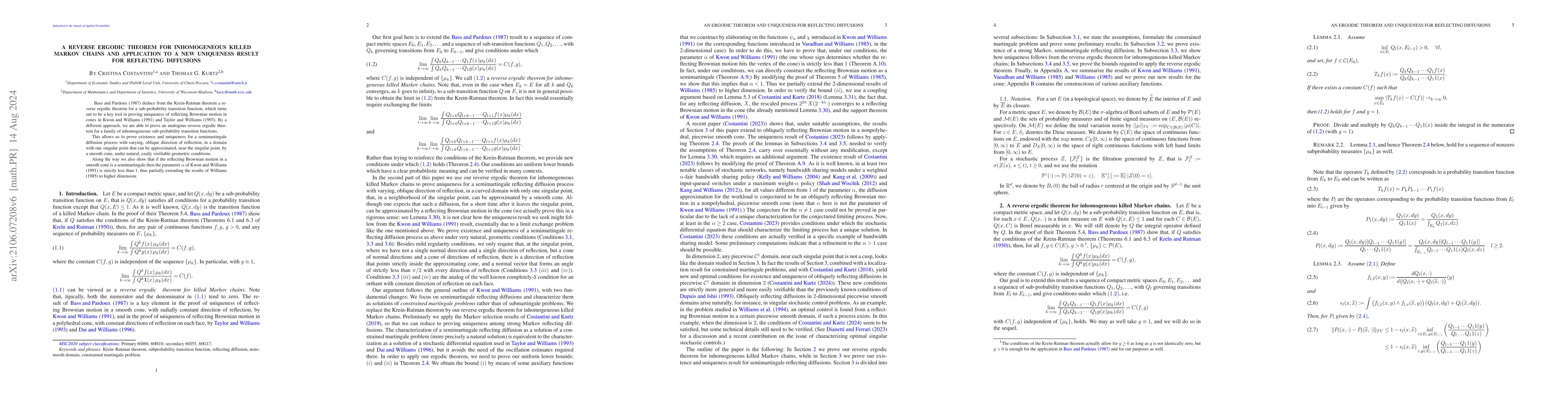 Thumbnail for A reverse ergodic theorem for inhomogeneous killed Markov chains and
  application to a new uniqueness result for reflecting diffusions