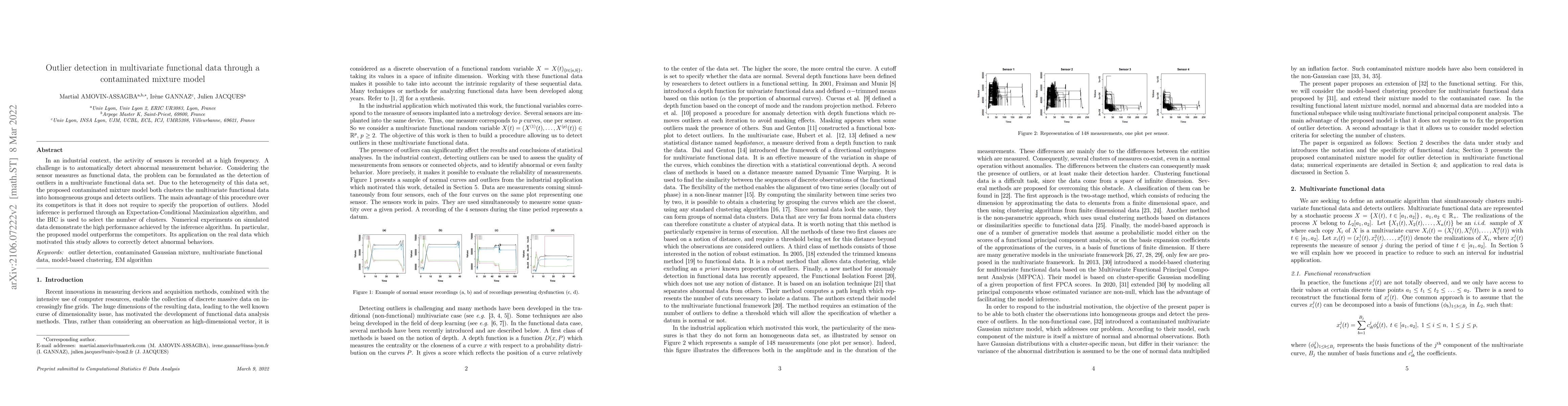 Thumbnail for Outlier detection in multivariate functional data through a contaminated
  mixture model