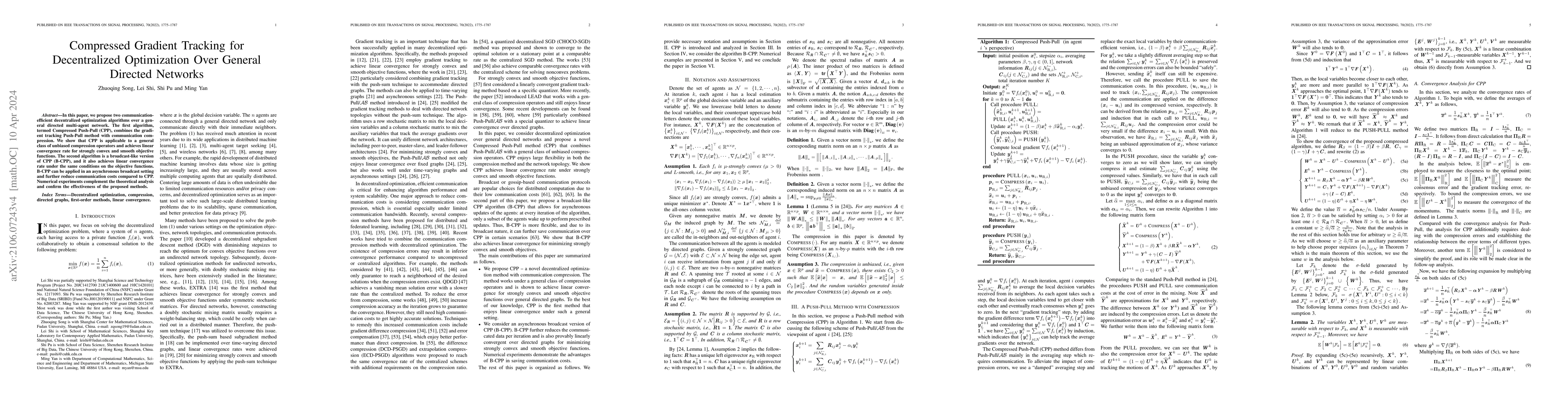 Thumbnail for Compressed Gradient Tracking for Decentralized Optimization Over General
  Directed Networks
