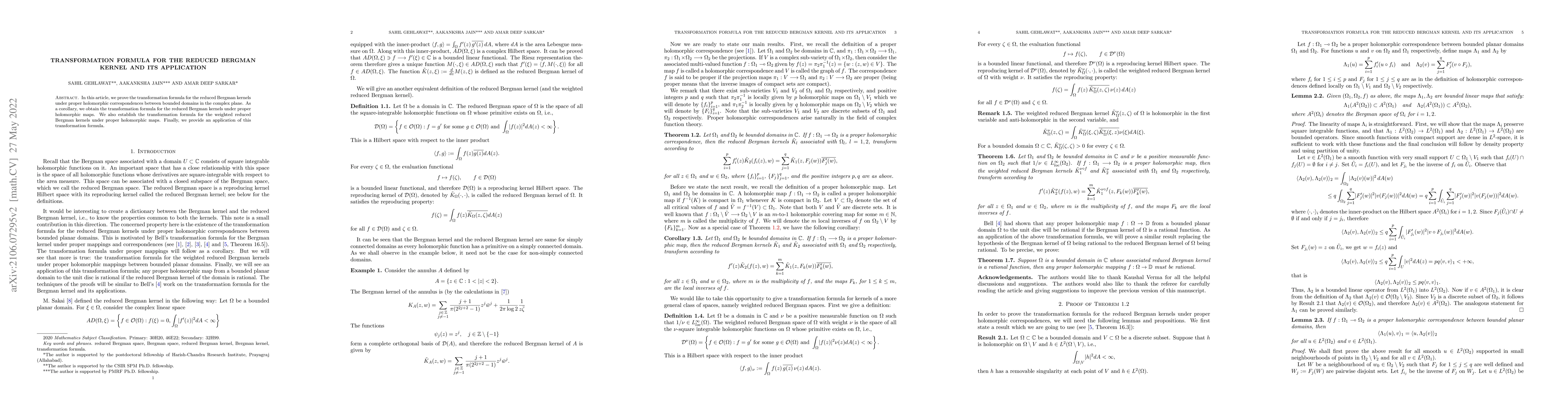 Thumbnail for Transformation formula for the Reduced Bergman kernel and its
  Application