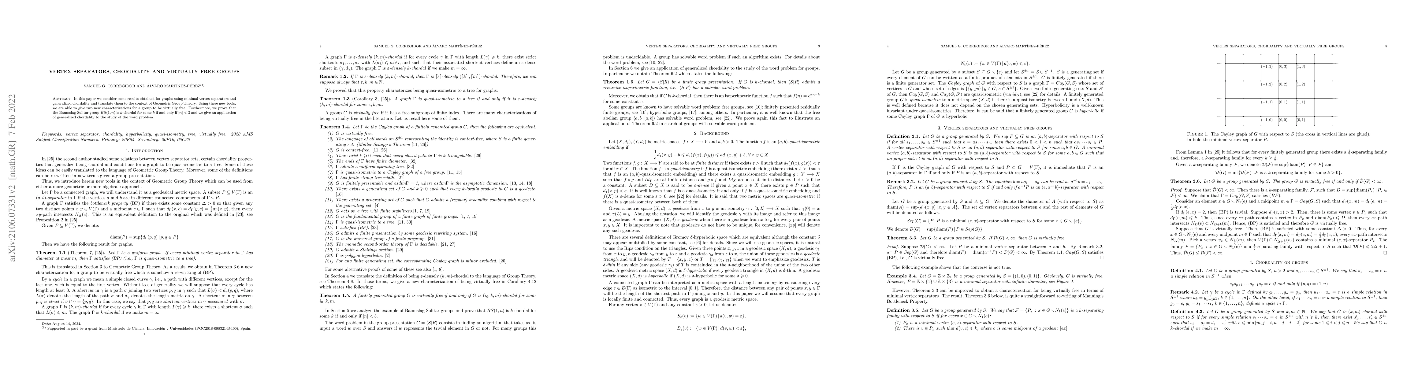 Thumbnail for Vertex separators, chordality and virtually free groups