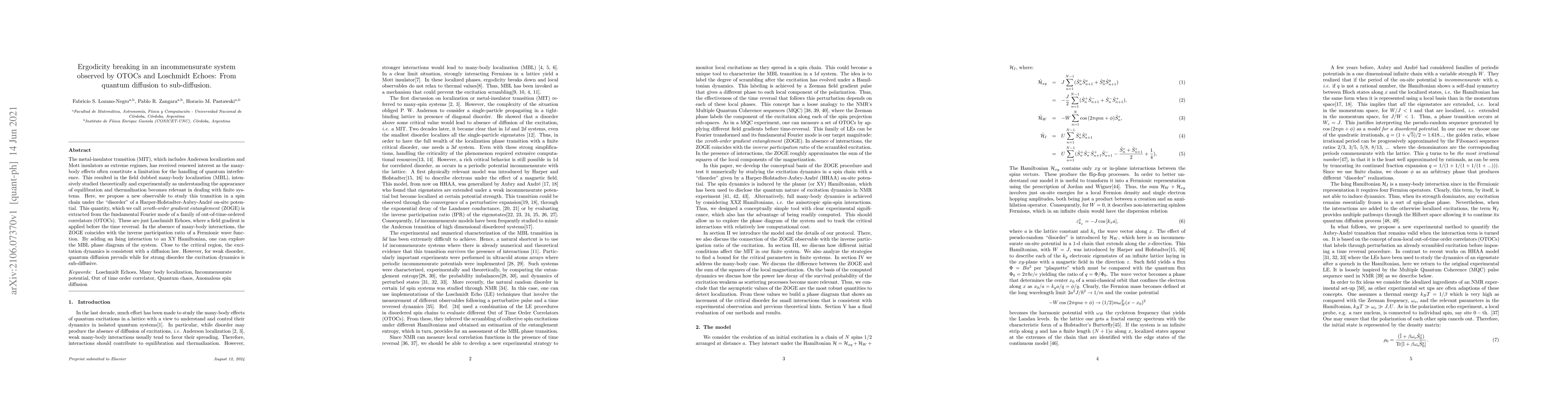 Thumbnail for Ergodicity breaking in an incommensurate system observed by OTOCs and
  Loschmidt Echoes: From quantum diffusion to sub-diffusion