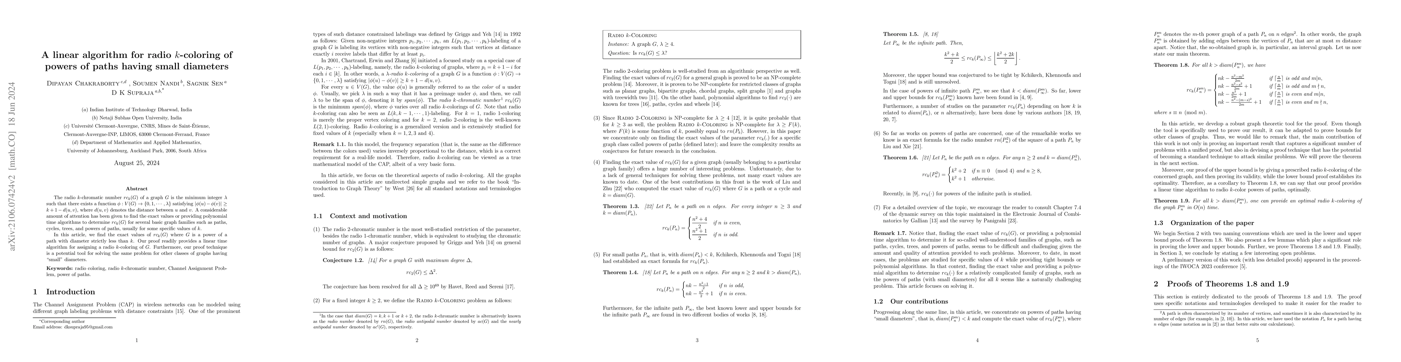 Thumbnail for A linear algorithm for radio $k$-coloring of powers of paths having
  small diameters