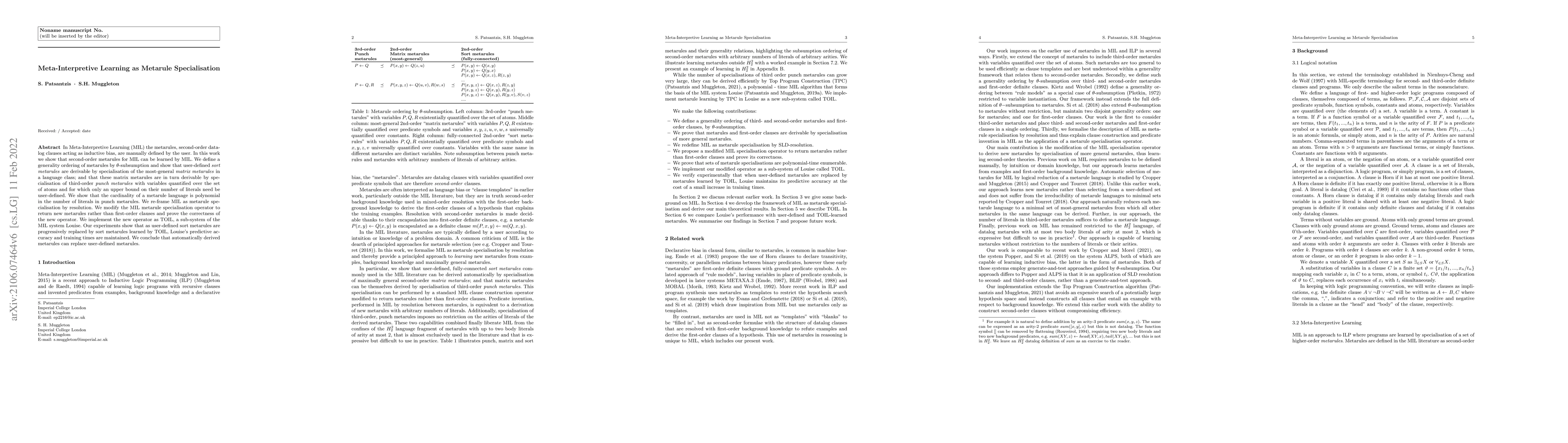Thumbnail for Meta-Interpretive Learning as Metarule Specialisation