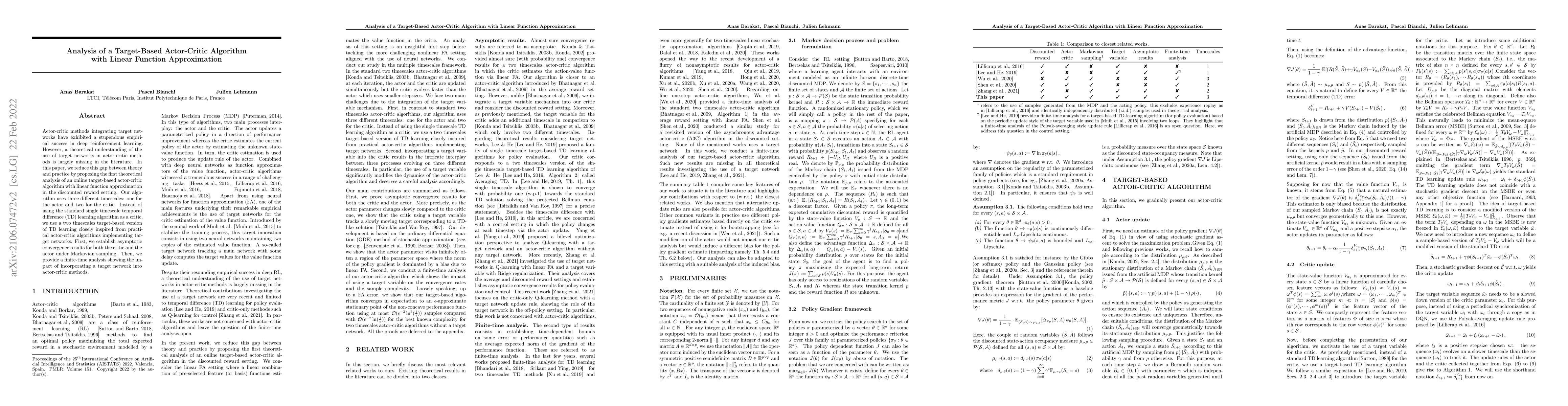 Thumbnail for Analysis of a Target-Based Actor-Critic Algorithm with Linear Function
  Approximation