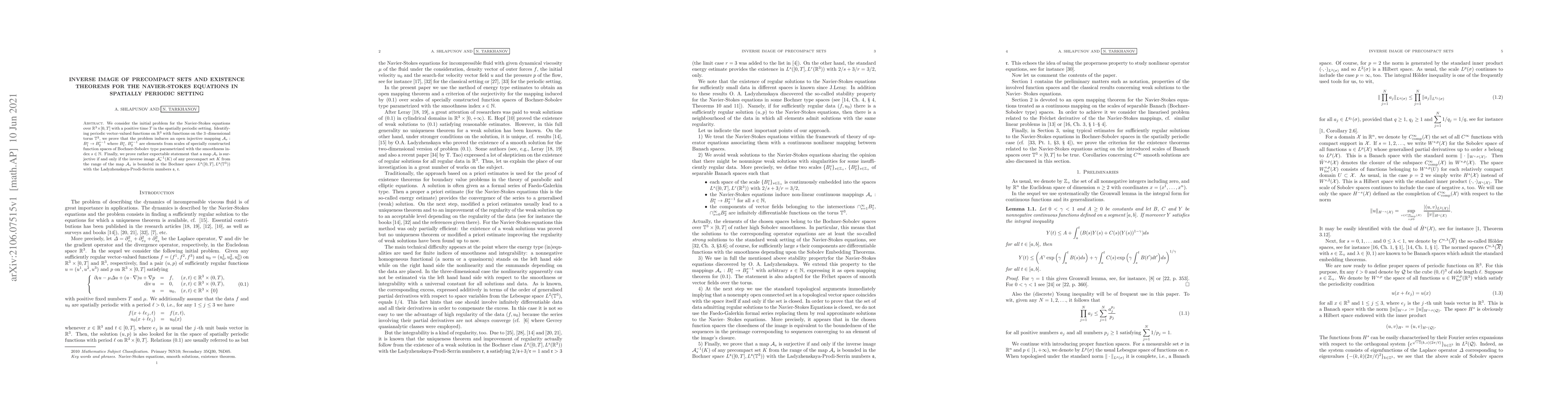 Thumbnail for Inverse image of precompact sets and existence theorems for the
  Navier-Stokes equations in spatially periodic setting