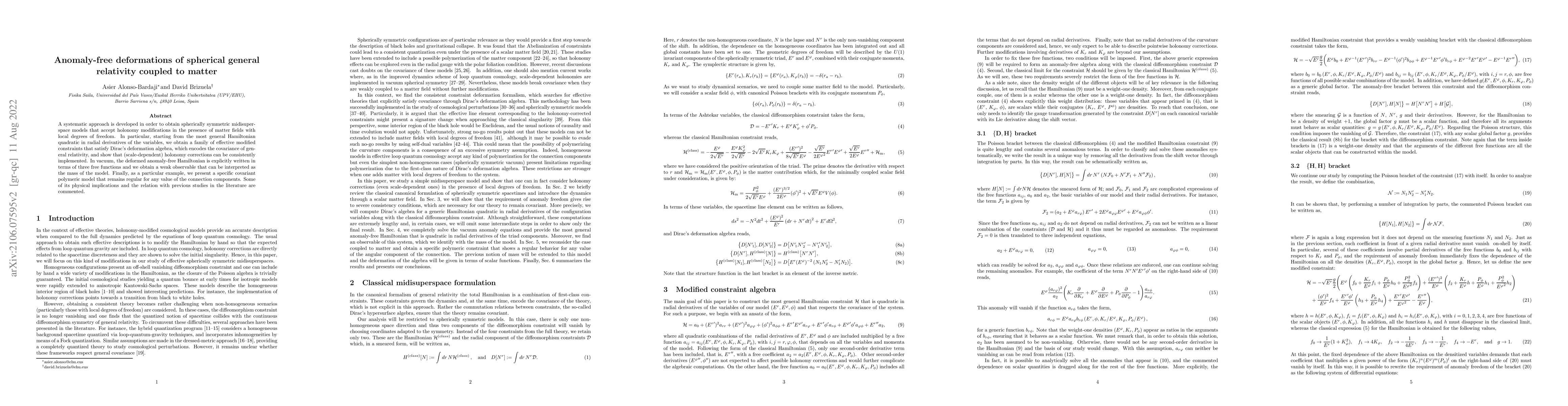 Thumbnail for Anomaly-free deformations of spherical general relativity coupled to
  matter