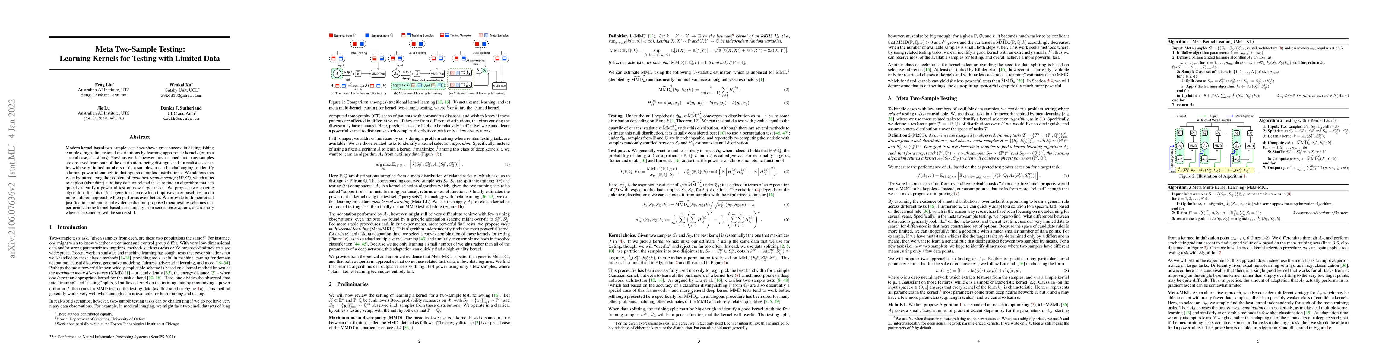 Thumbnail for Meta Two-Sample Testing: Learning Kernels for Testing with Limited Data