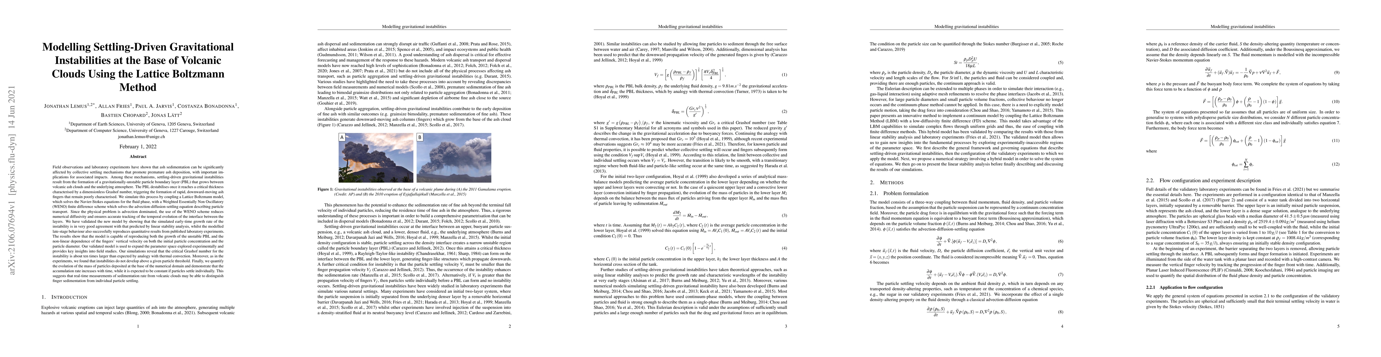 Thumbnail for Modelling Settling-Driven Gravitational Instabilities at the Base of
  Volcanic Clouds Using the Lattice Boltzmann Method