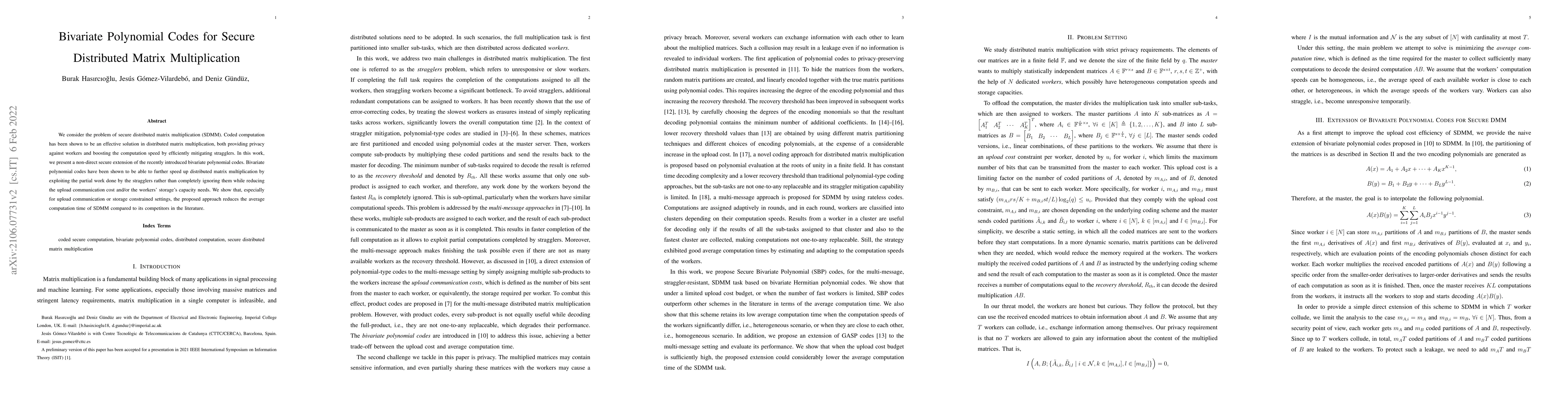 Thumbnail for Bivariate Polynomial Codes for Secure Distributed Matrix Multiplication