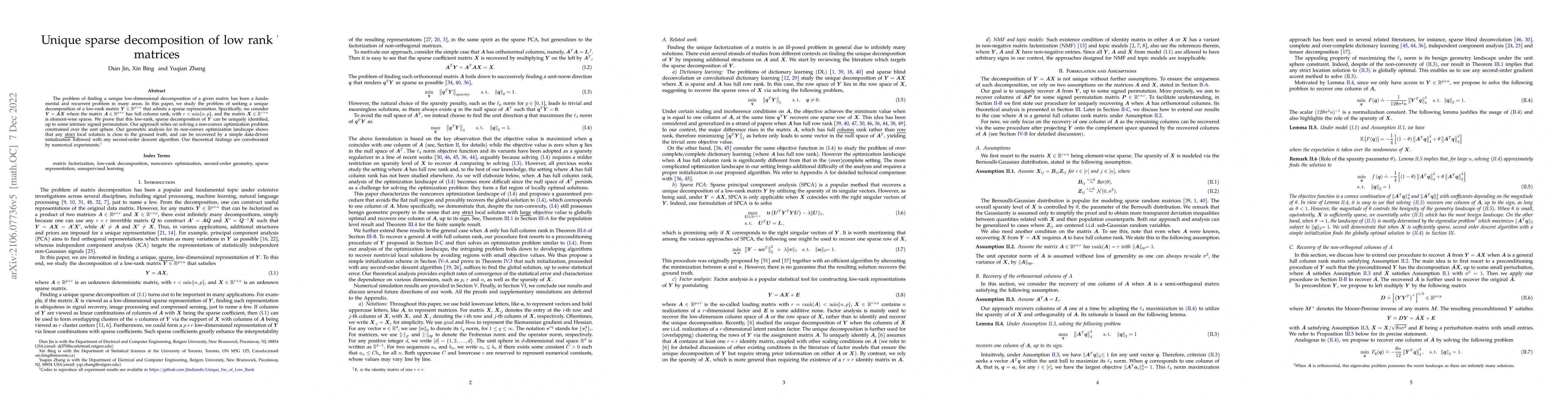 Thumbnail for Unique sparse decomposition of low rank matrices