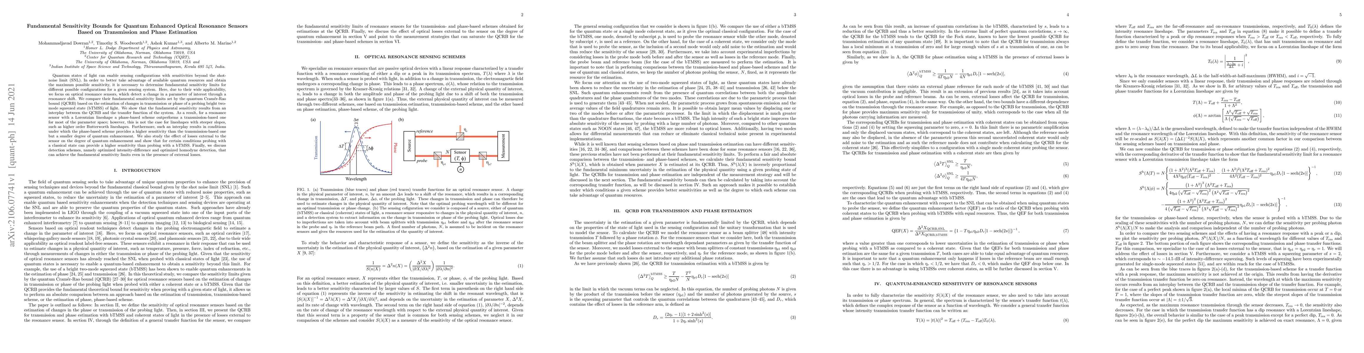 Thumbnail for Fundamental Sensitivity Bounds for Quantum Enhanced Optical Resonance
  Sensors Based on Transmission and Phase Estimation