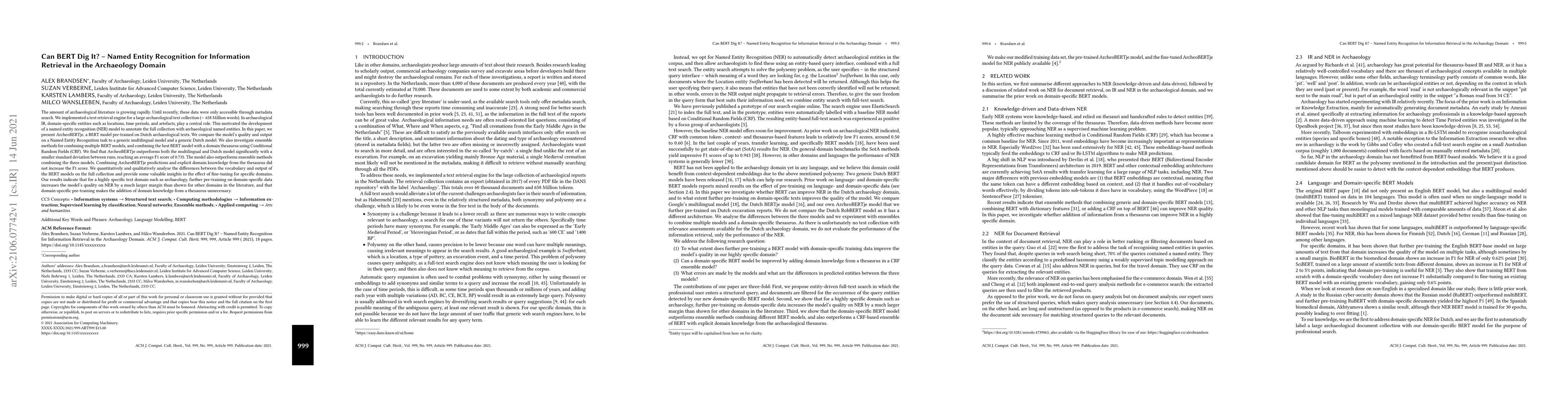 Thumbnail for Can BERT Dig It? -- Named Entity Recognition for Information Retrieval
  in the Archaeology Domain