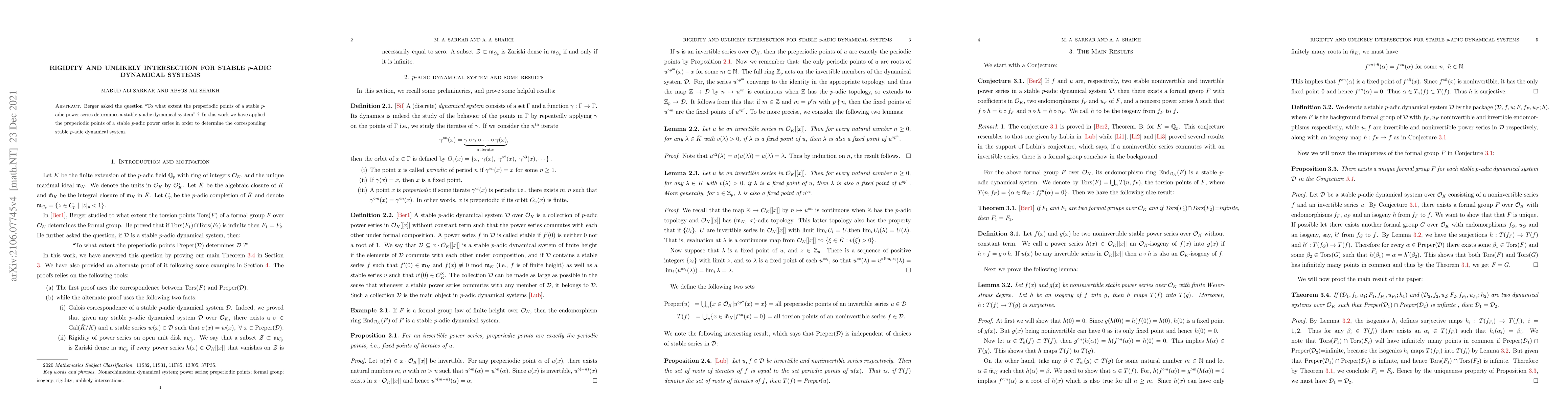 Thumbnail for Rigidity and unlikely intersections for stable $p$-adic dynamical
  systems