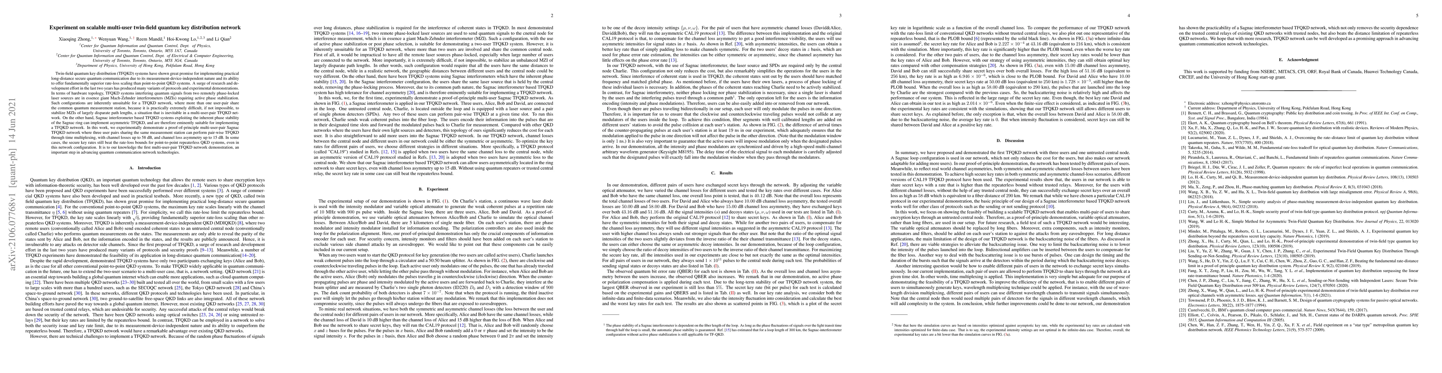 Thumbnail for Experiment on scalable multi-user twin-field quantum key distribution
  network