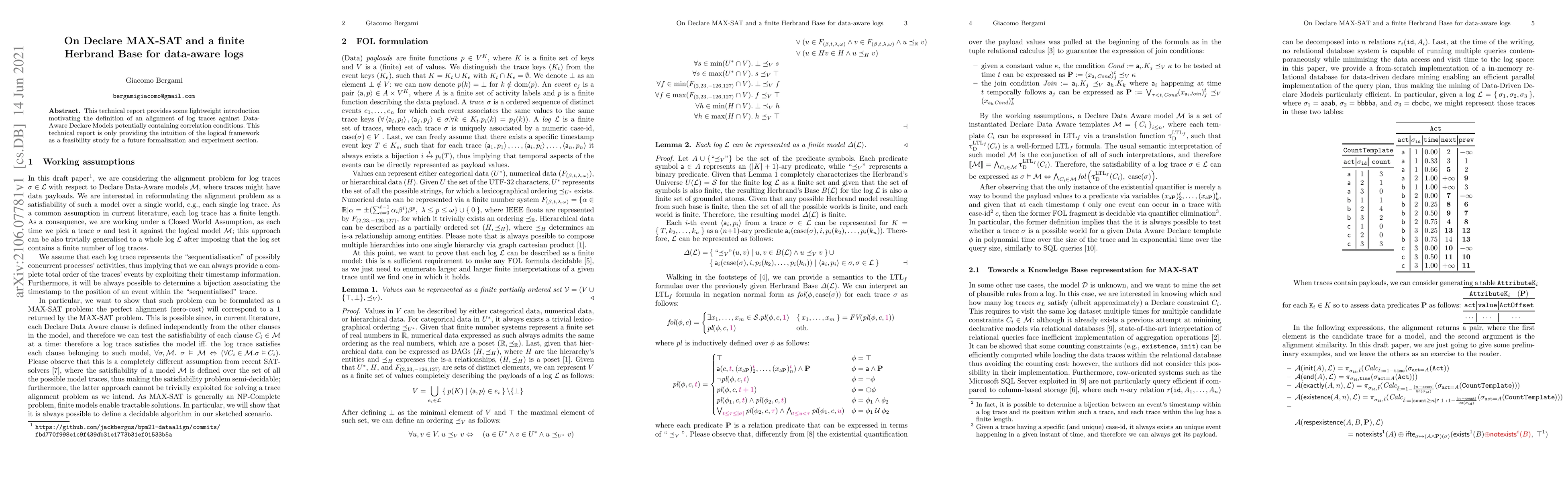 Thumbnail for On Declare MAX-SAT and a finite Herbrand Base for data-aware logs