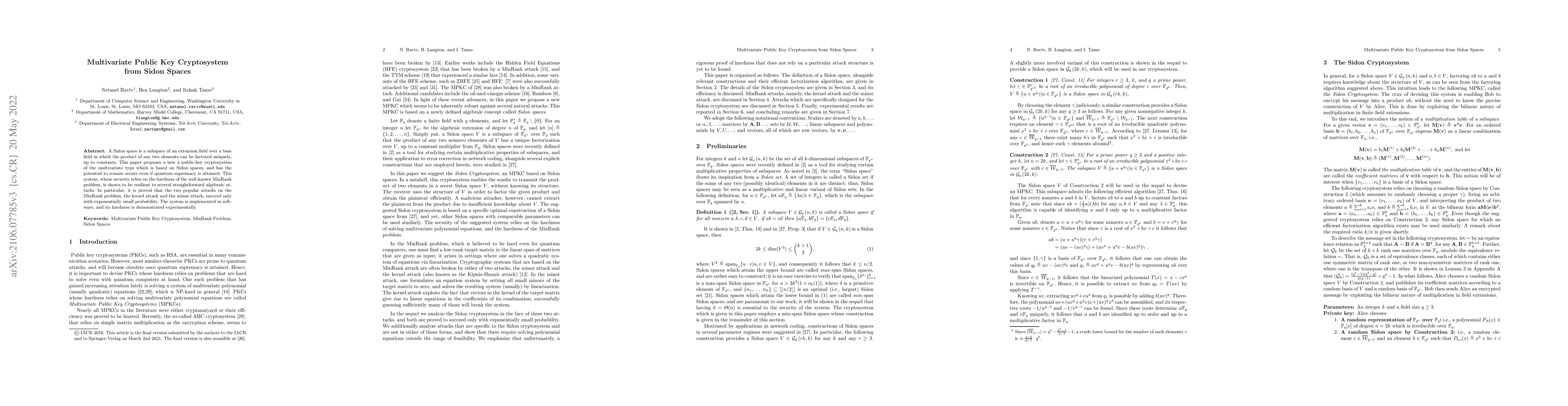 Thumbnail for Multivariate Public Key Cryptosystem from Sidon Spaces
