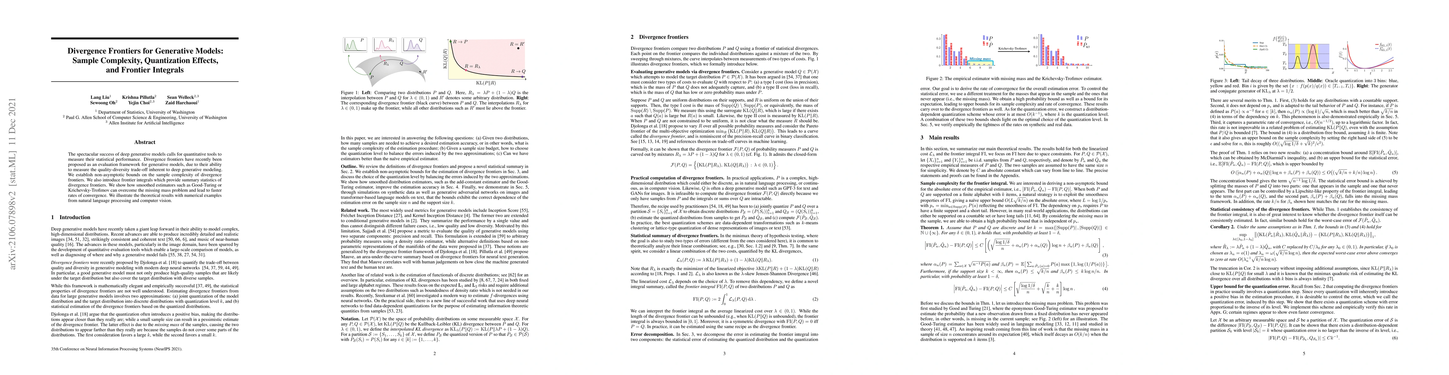 Thumbnail for Divergence Frontiers for Generative Models: Sample Complexity,
  Quantization Effects, and Frontier Integrals