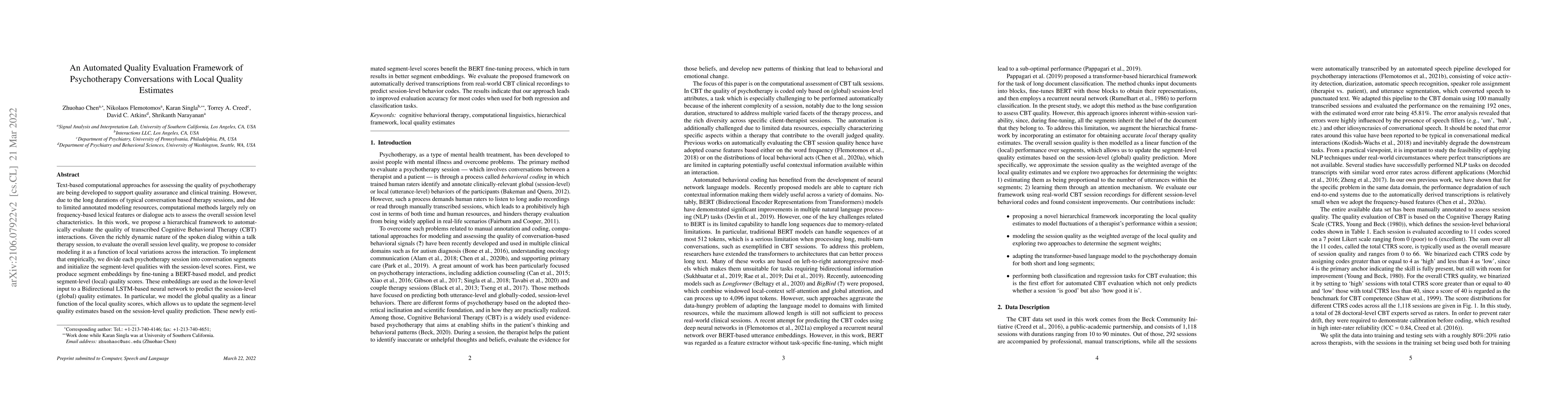Thumbnail for An Automated Quality Evaluation Framework of Psychotherapy Conversations
  with Local Quality Estimates