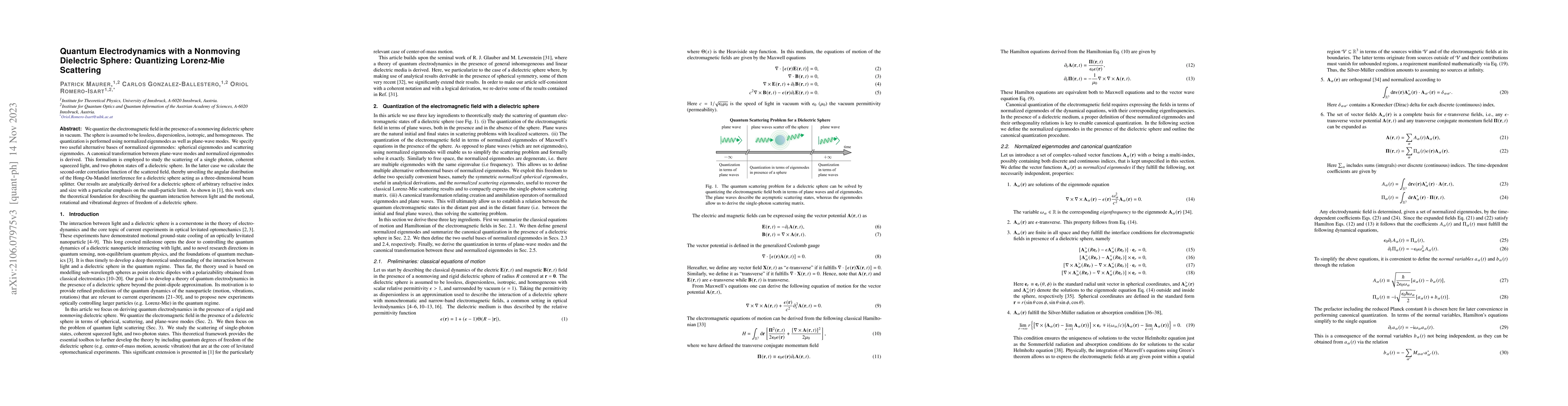 Thumbnail for Quantum Electrodynamics with a Nonmoving Dielectric Sphere: Quantizing
  Lorenz-Mie Scattering