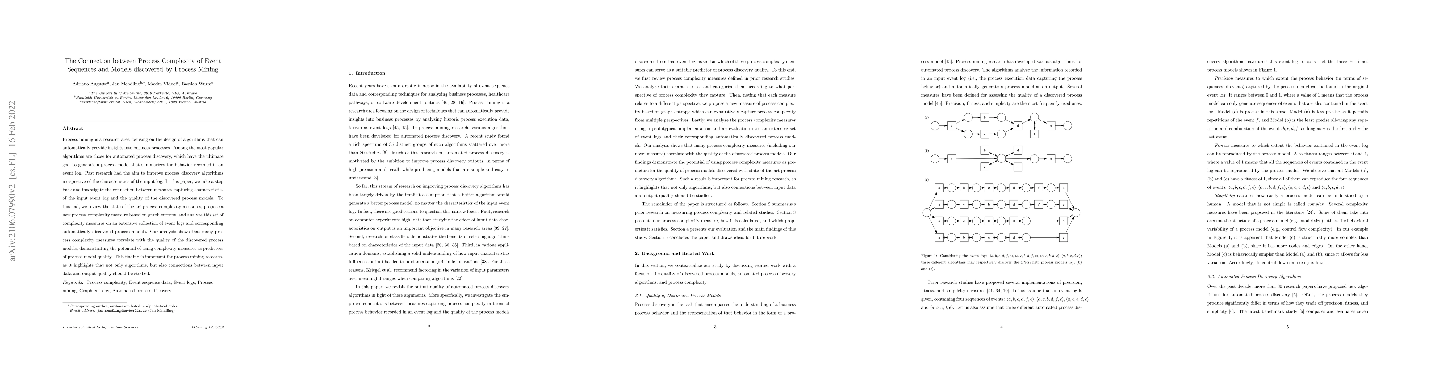 Thumbnail for The Connection between Process Complexity of Event Sequences and Models
  discovered by Process Mining