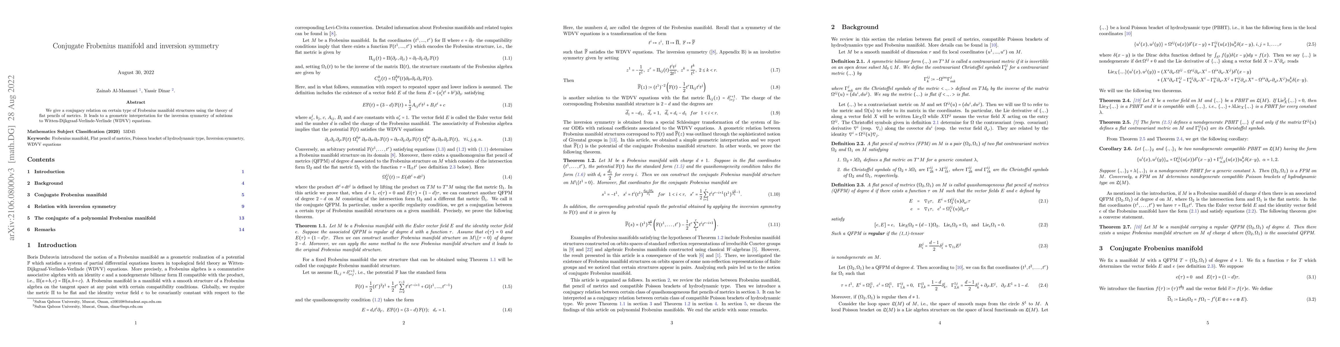 Thumbnail for Conjugate Frobenius manifold and inversion symmetry