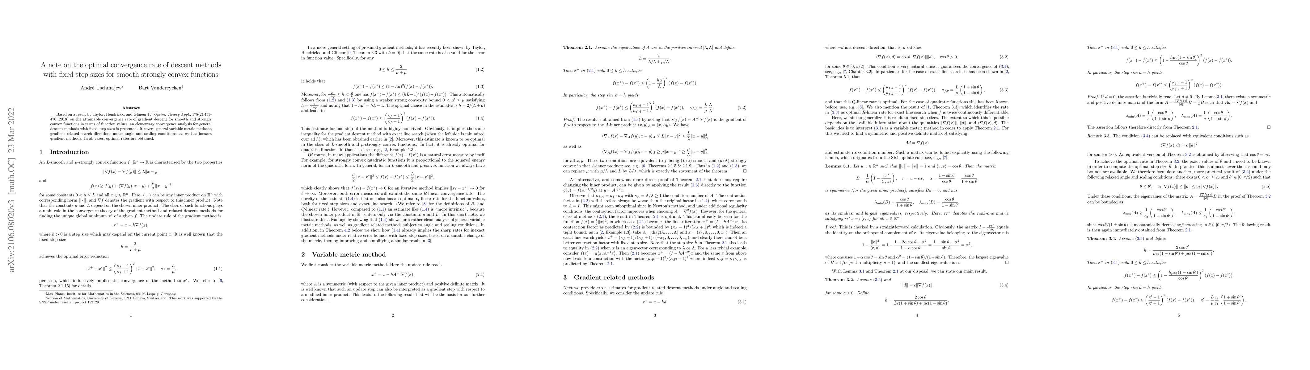 Thumbnail for A note on the optimal convergence rate of descent methods with fixed
  step sizes for smooth strongly convex functions