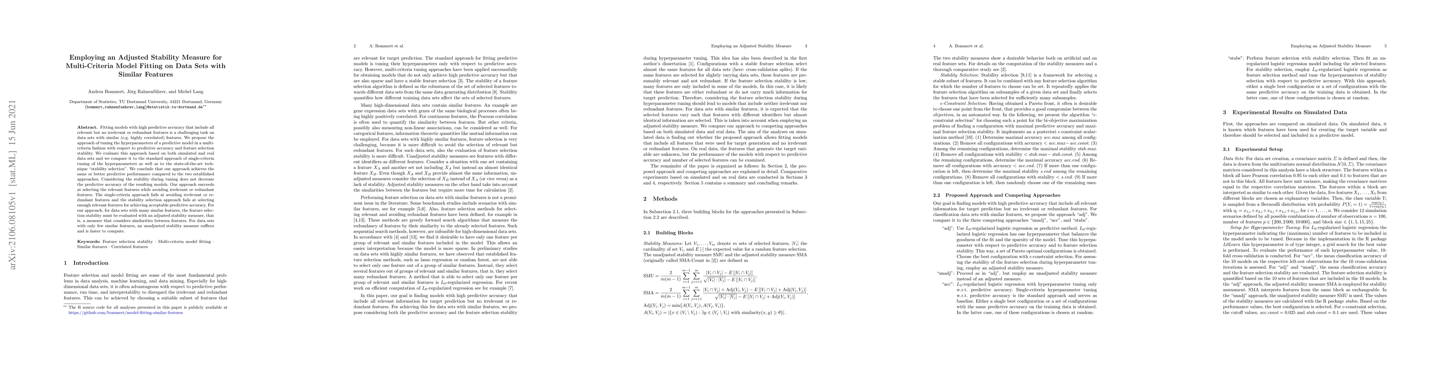 Thumbnail for Employing an Adjusted Stability Measure for Multi-Criteria Model Fitting
  on Data Sets with Similar Features