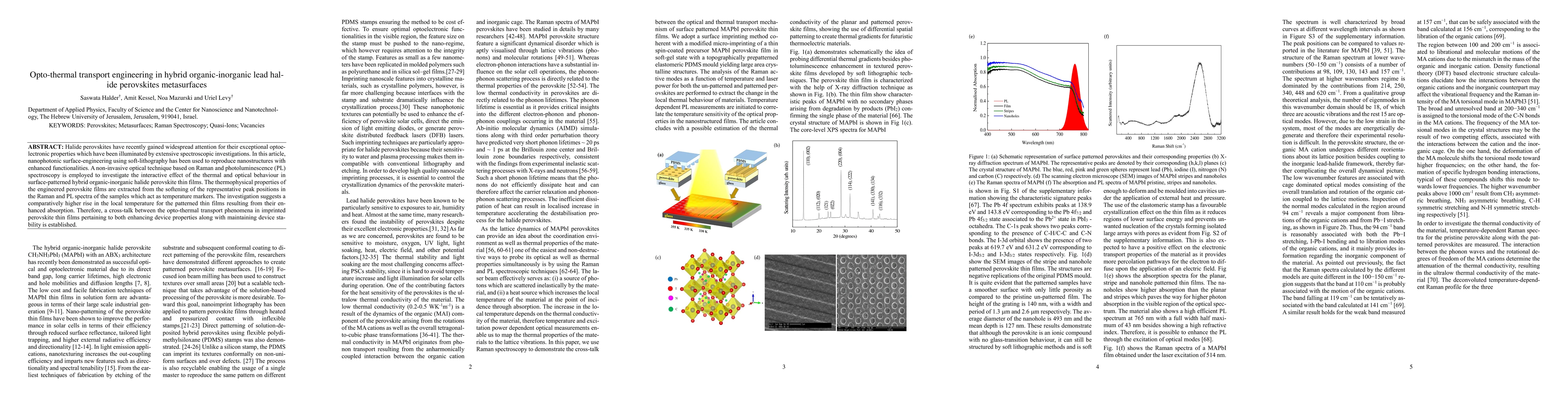 Thumbnail for Opto-thermal transport engineering in hybrid organic-inorganic lead
  halide perovskites metasurfaces