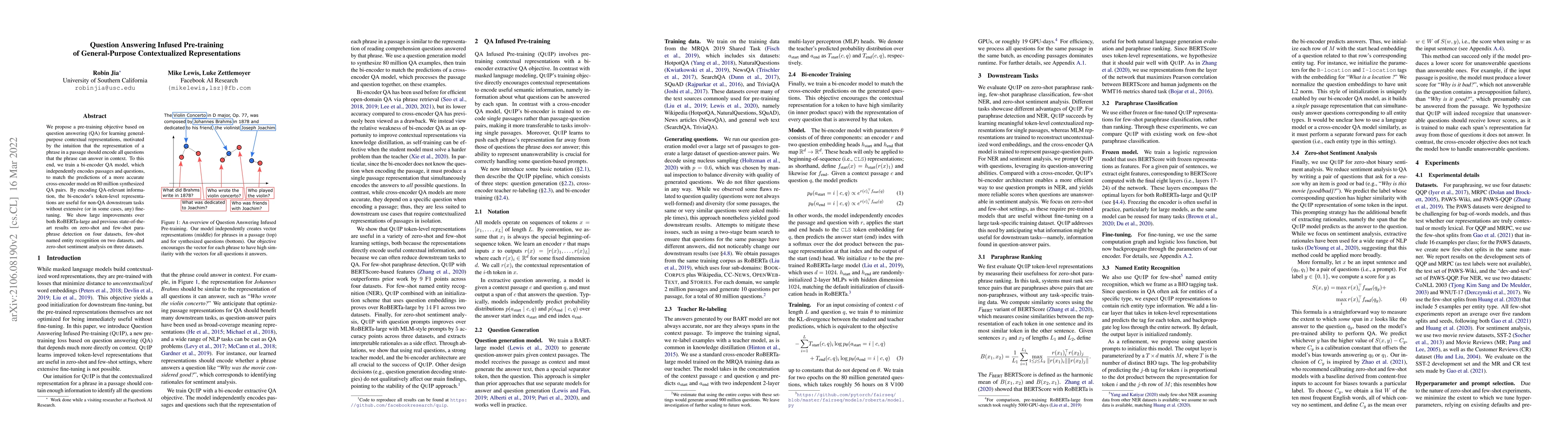 Thumbnail for Question Answering Infused Pre-training of General-Purpose
  Contextualized Representations