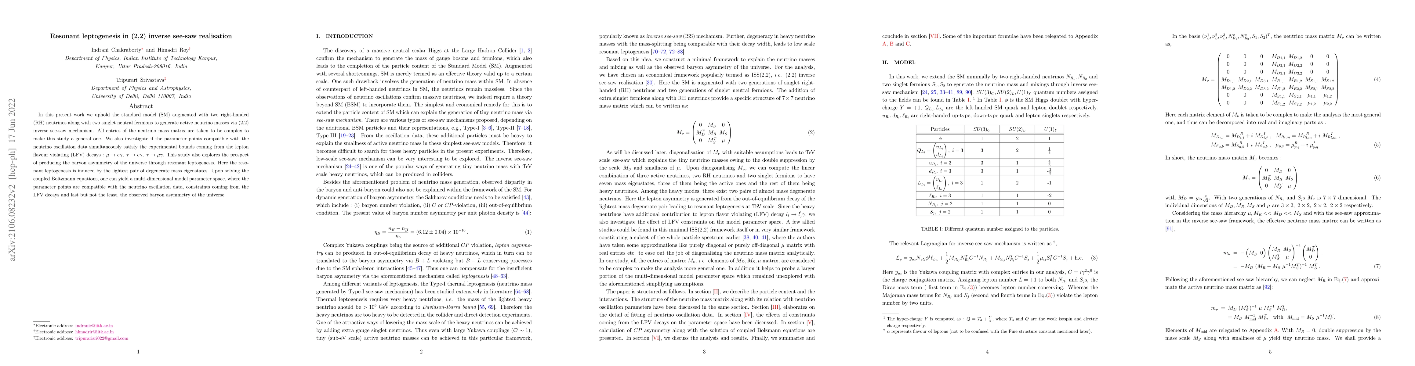 Thumbnail for Resonant leptogenesis in (2,2) inverse see-saw realisation