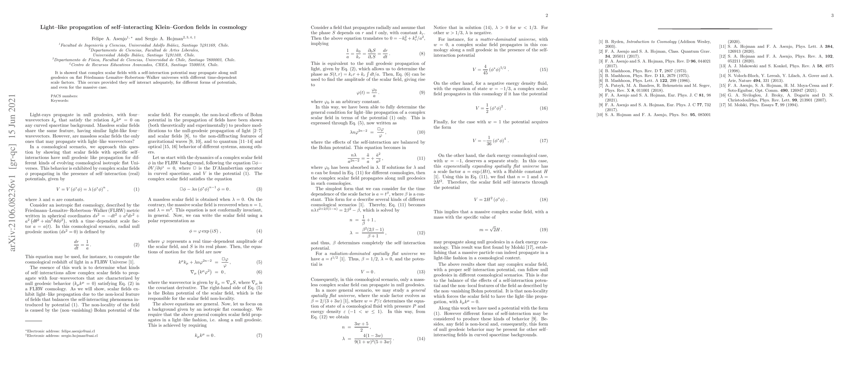 Thumbnail for Light--like propagation of self--interacting Klein--Gordon fields in
  cosmology