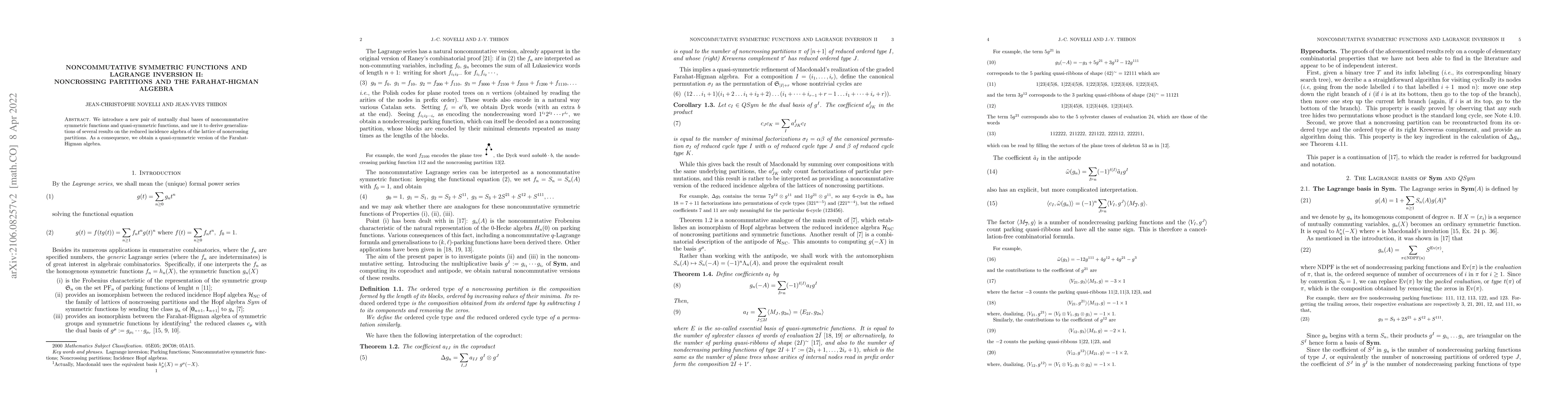 Thumbnail for Noncommutative Symmetric Functions and Lagrange Inversion II:
  Noncrossing partitions and the Farahat-Higman algebra