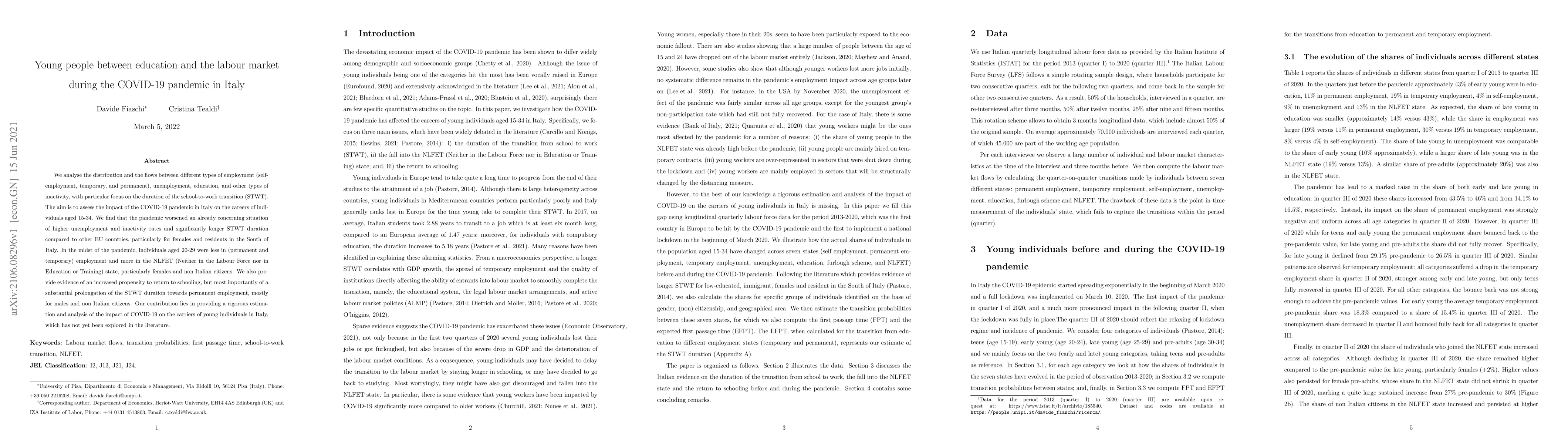Thumbnail for Young people between education and the labour market during the COVID-19
  pandemic in Italy