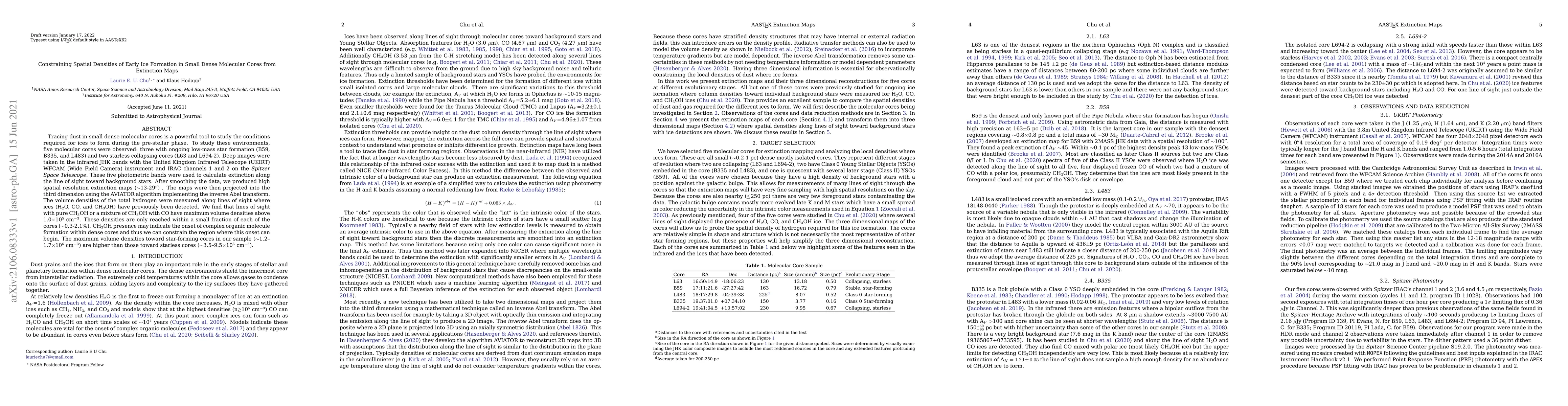 Thumbnail for Constraining Spatial Densities of Early Ice Formation in Small Dense
  Molecular Cores from Extinction Maps