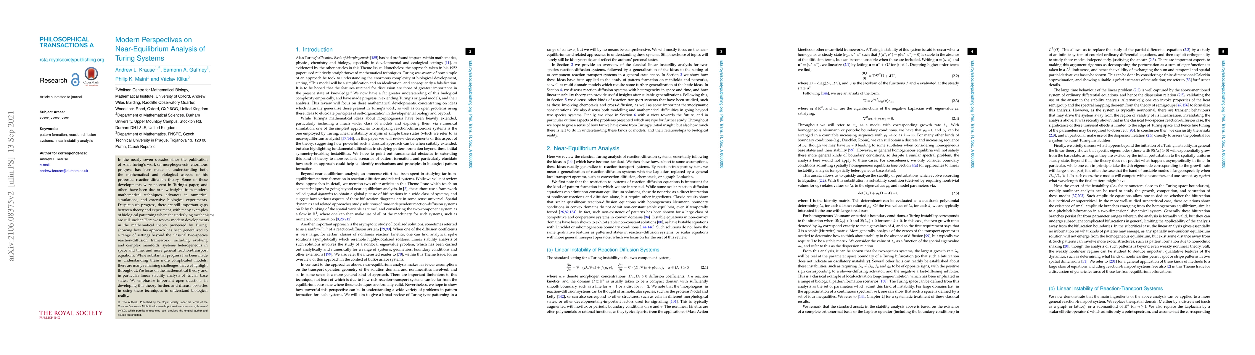 Thumbnail for Modern Perspectives on Near-Equilibrium Analysis of Turing Systems