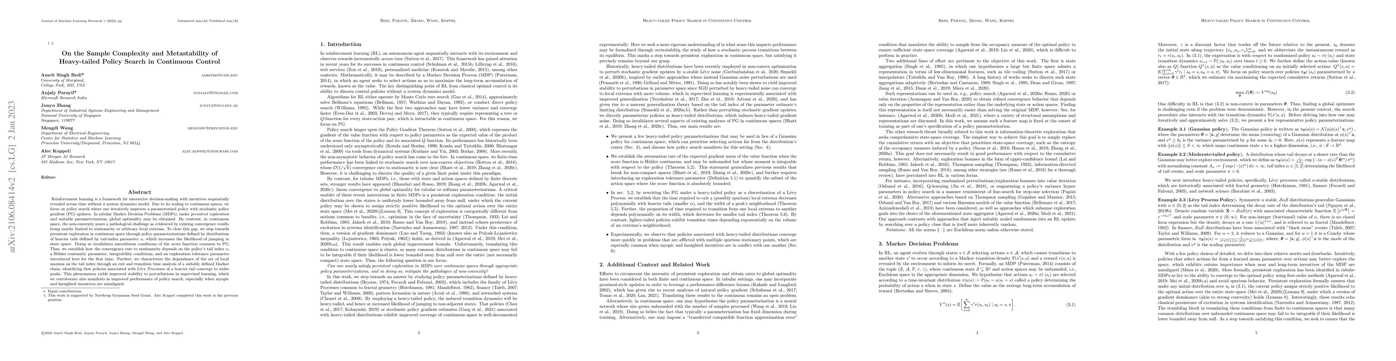 Thumbnail for On the Sample Complexity and Metastability of Heavy-tailed Policy Search
  in Continuous Control