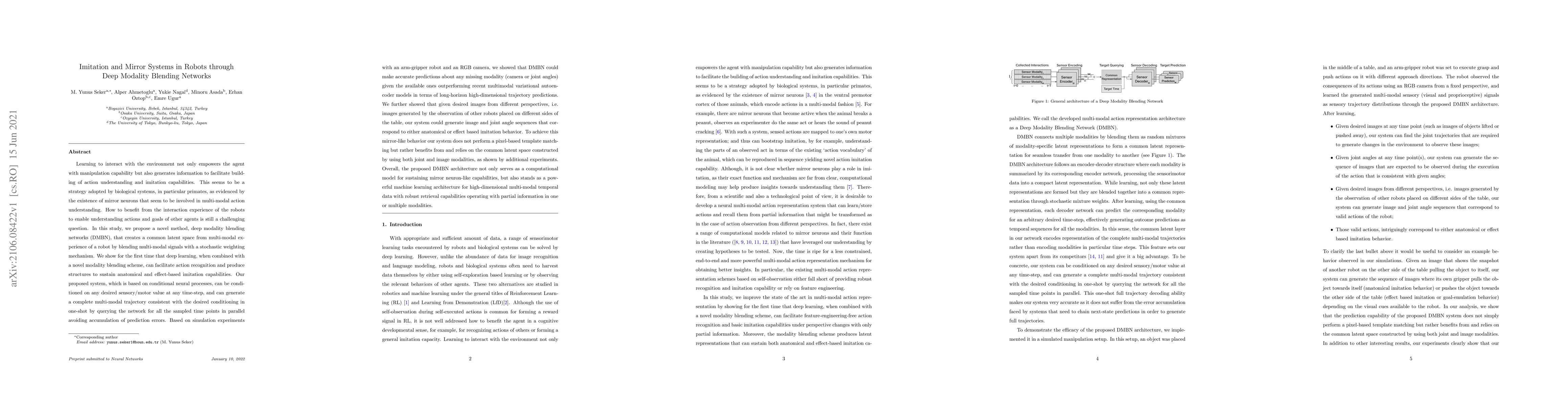 Thumbnail for Imitation and Mirror Systems in Robots through Deep Modality Blending
  Networks