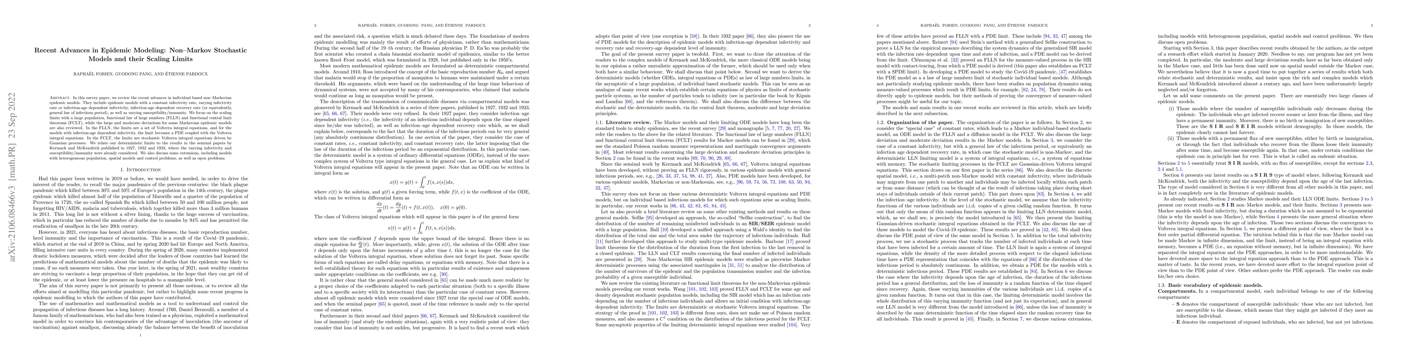 Thumbnail for Recent Advances in Epidemic Modeling: Non-Markov Stochastic Models and
  their Scaling Limits