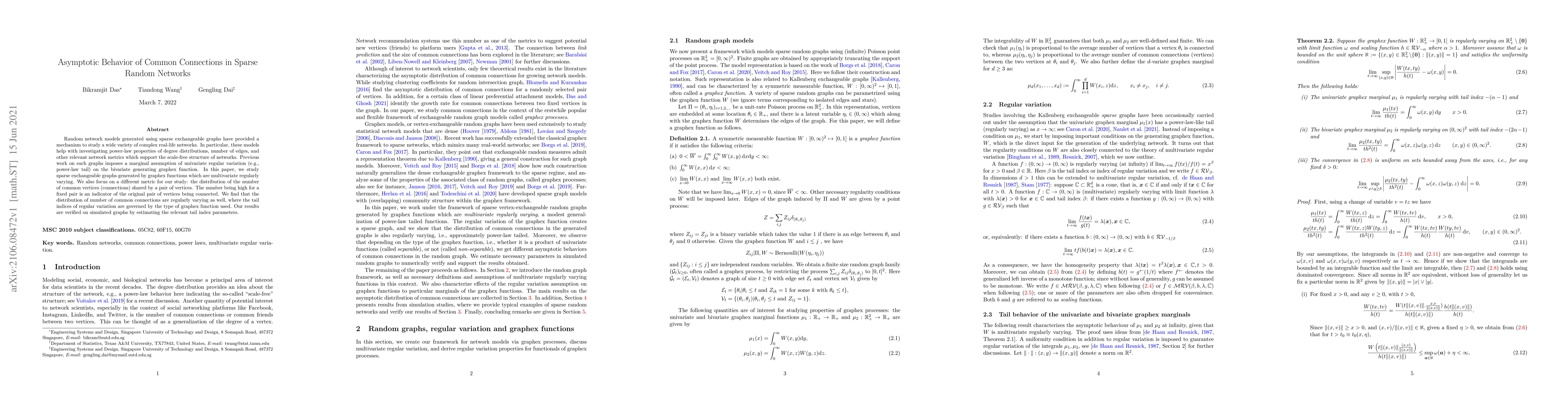 Thumbnail for Asymptotic Behavior of Common Connections in Sparse Random Networks