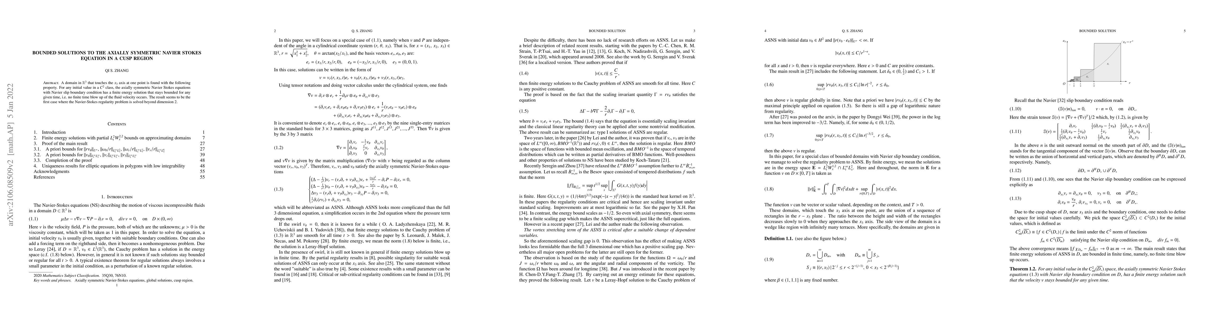 Thumbnail for Bounded solutions to the axially symmetric Navier Stokes equation in a
  cusp region