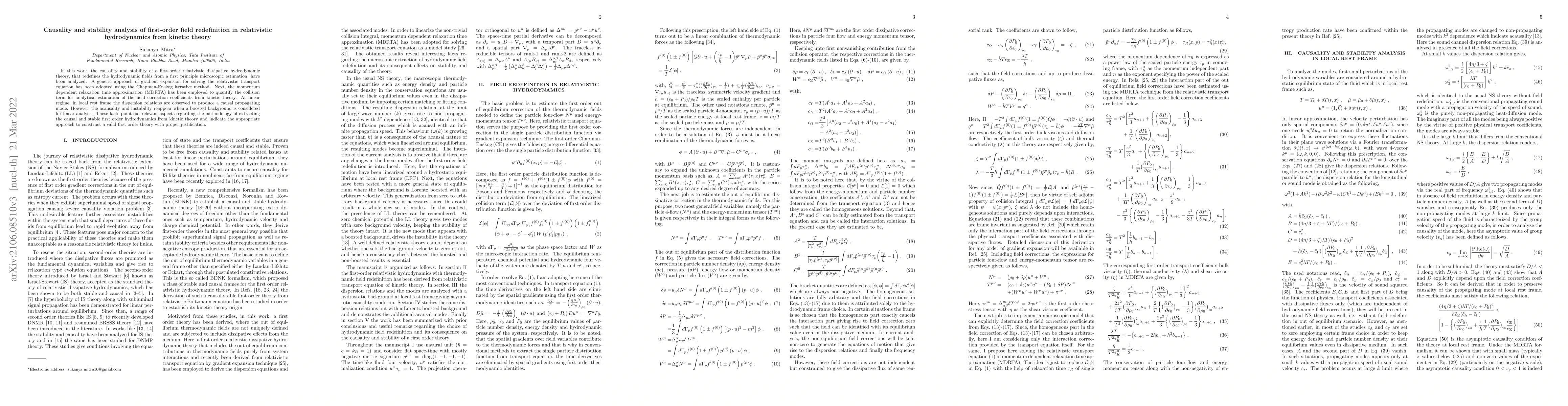 Thumbnail for Causality and stability analysis of first-order field redefinition in
  relativistic hydrodynamics from kinetic theory