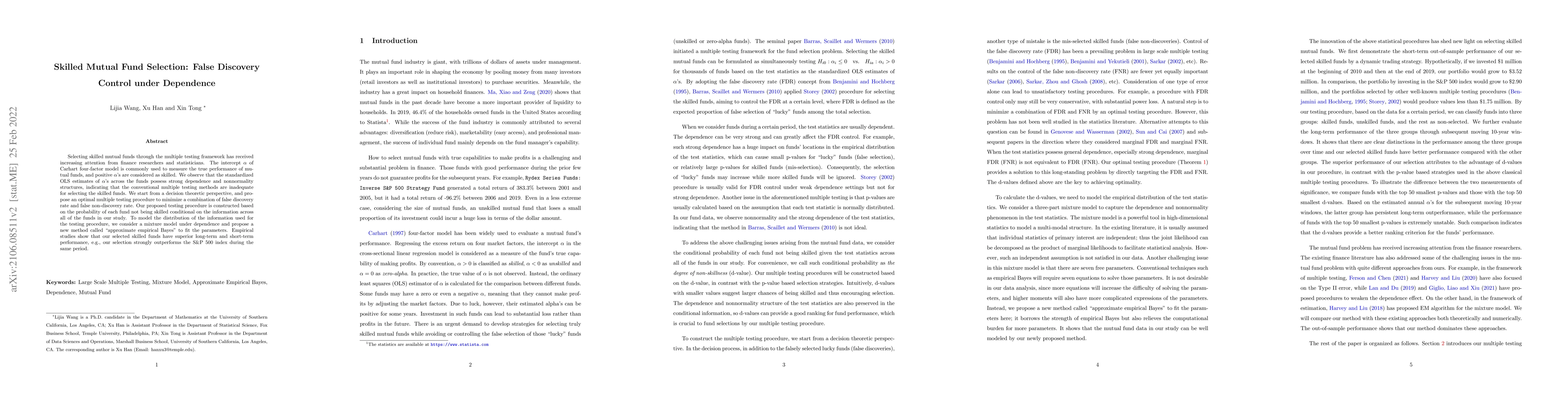 Thumbnail for Skilled Mutual Fund Selection: False Discovery Control under Dependence