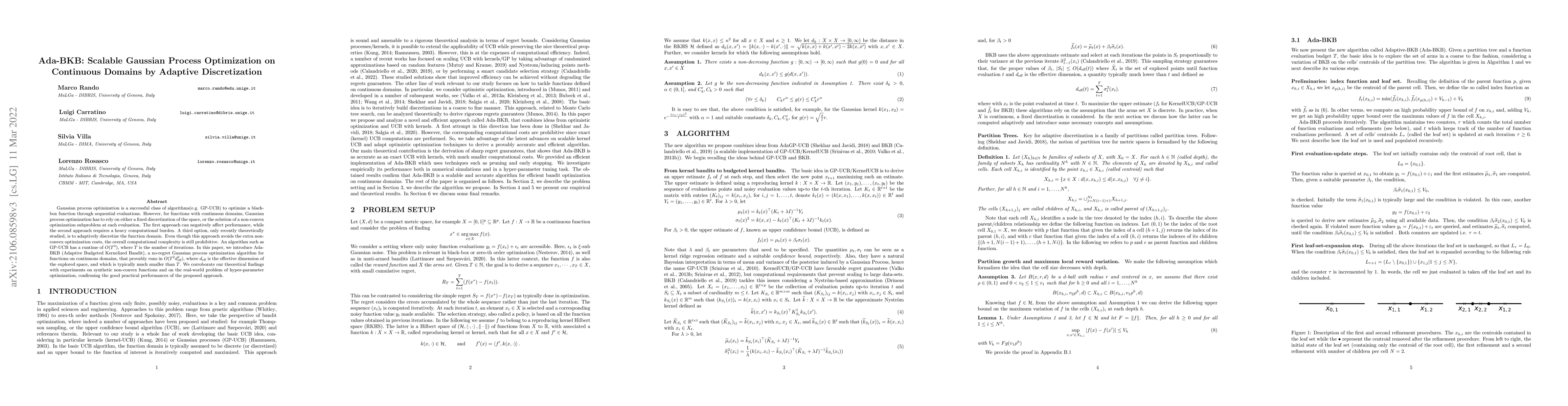 Thumbnail for Ada-BKB: Scalable Gaussian Process Optimization on Continuous Domains by
  Adaptive Discretization