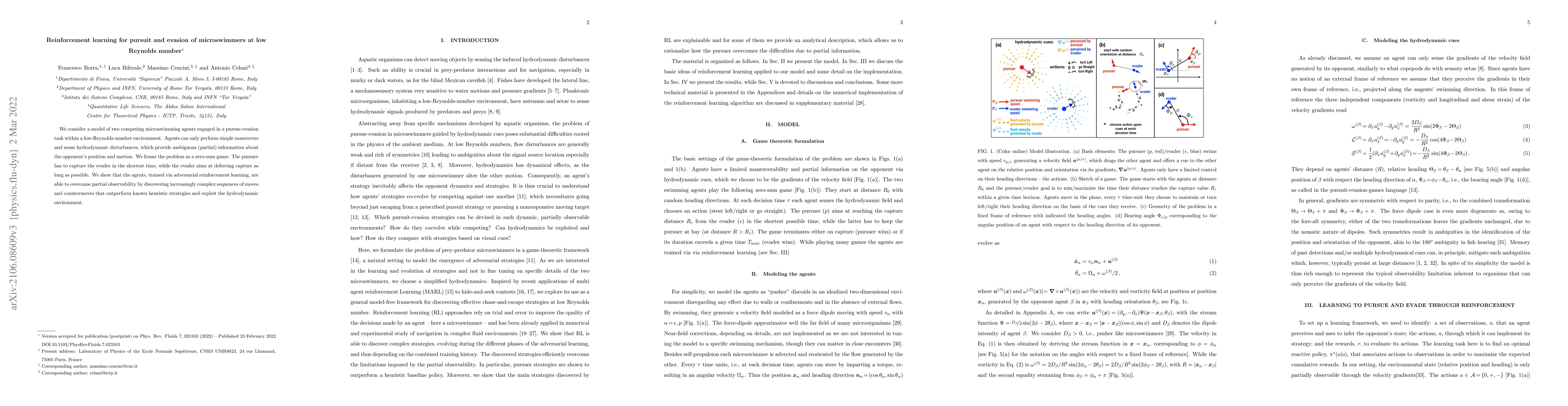Thumbnail for Reinforcement learning for pursuit and evasion of microswimmers at low
  Reynolds number