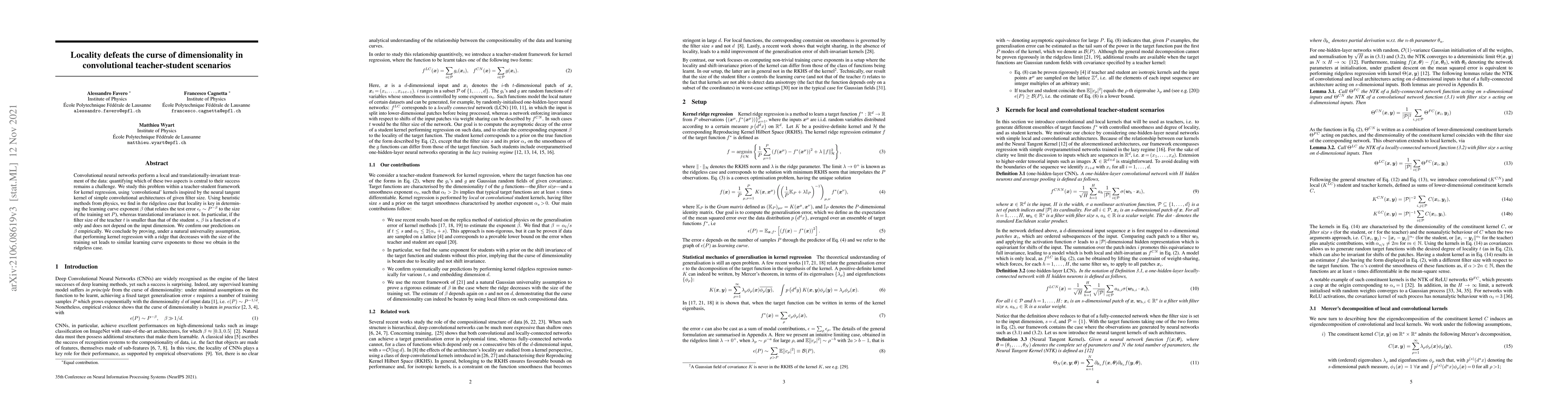 Thumbnail for Locality defeats the curse of dimensionality in convolutional
  teacher-student scenarios
