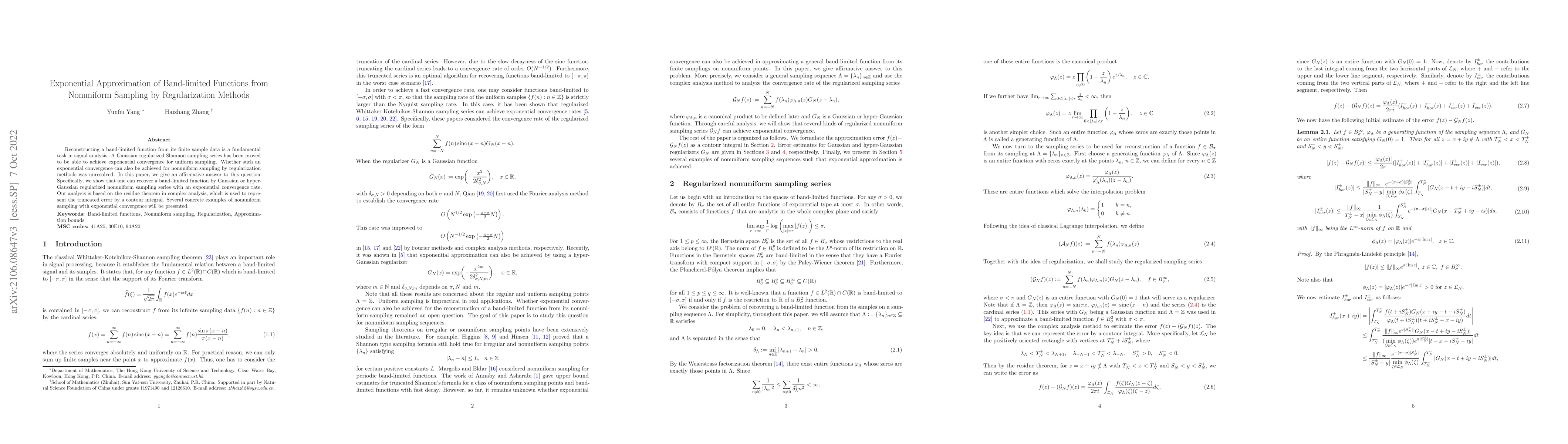 Thumbnail for Exponential Approximation of Band-limited Functions from Nonuniform
  Sampling by Regularization Methods