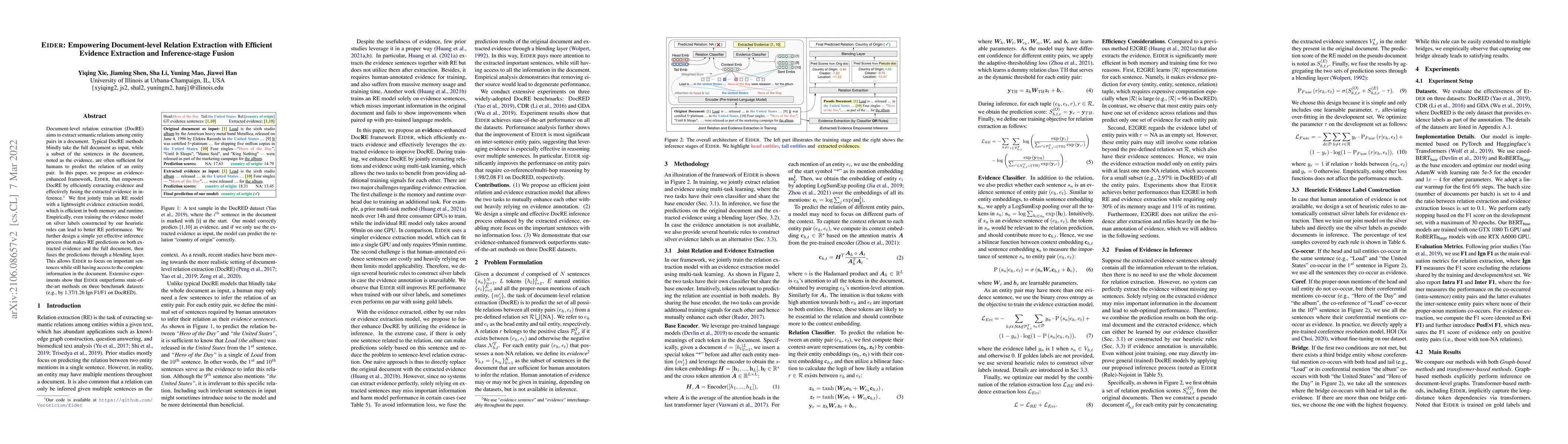 Thumbnail for Eider: Empowering Document-level Relation Extraction with Efficient
  Evidence Extraction and Inference-stage Fusion