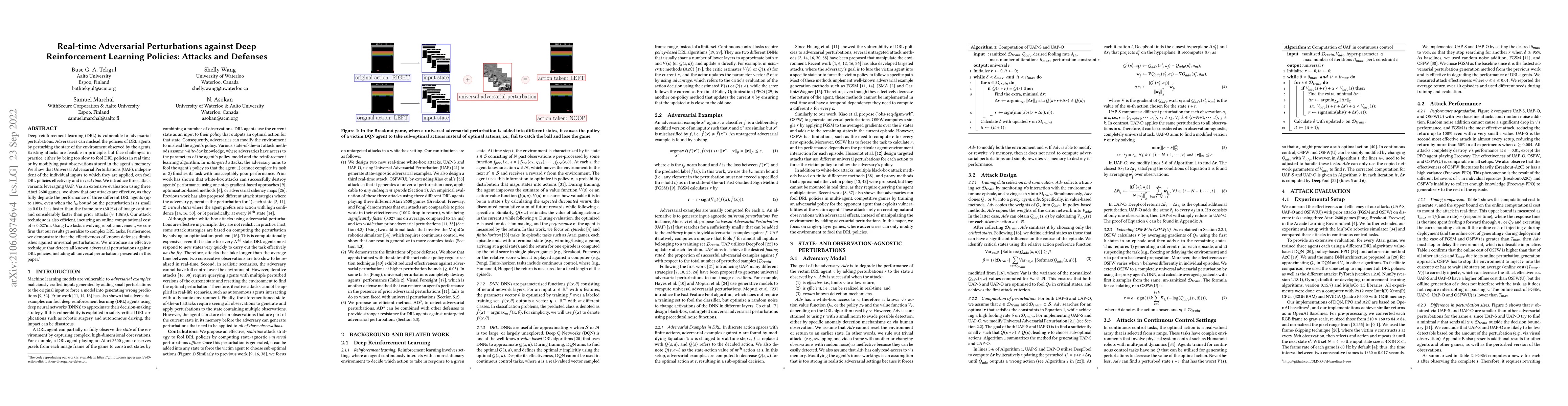 Thumbnail for Real-time Adversarial Perturbations against Deep Reinforcement Learning
  Policies: Attacks and Defenses